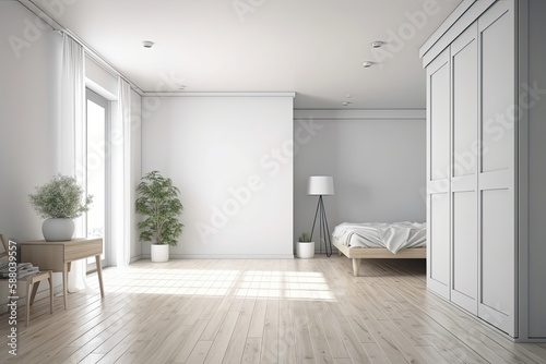 Minimalist Bedroom with White Bed and Chair. Generative AI © AkuAku