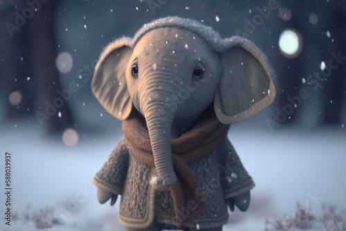 Adorable Little Elephant Playing in the Snow with Hat  Coat  and Scarf