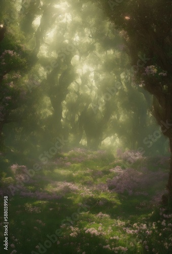 Blick in einen verträumten märchenhaften Wald mit leichtem Morgennebel und durchbrechenden Sonnenstrahlen