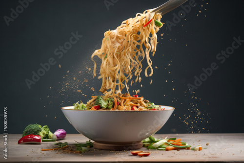 Fresh noodles and vegetables stir fry healthy food. Generative ai photo
