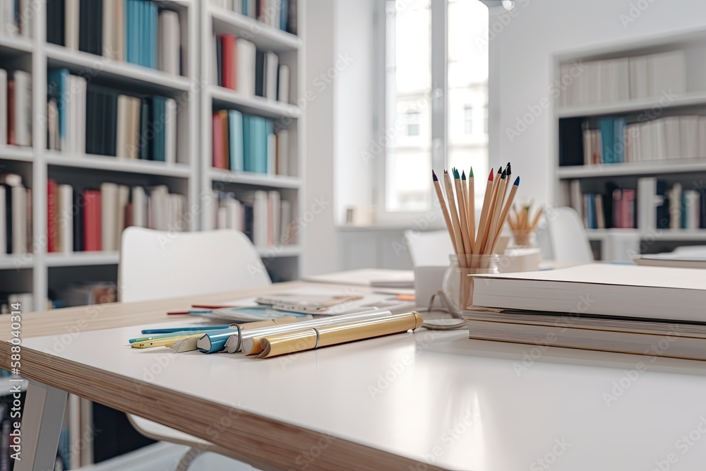 wooden table with books and pencils scattered on top. Generative AI wooden table with books and pencils scattered on top. Generative AI
