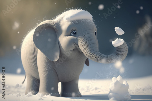 A Cute Little Elephant Having Fun Playing in the Snow