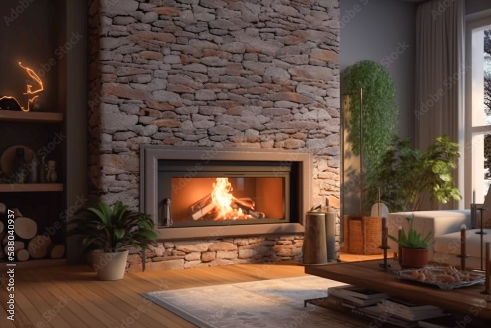 Fototapeta premium Modern interior design of the living room with fireplace. Super photo realistic background, generative ai illustration