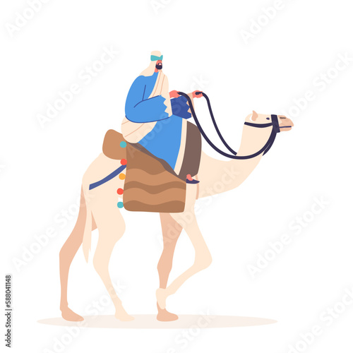 Bedouin Riding Camel Through The Desert Isolated on White Background. Concept of Nomadic Lifestyle Of The Bedouin