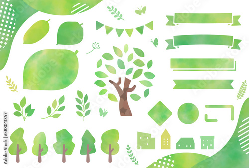 鮮やかな新緑の水彩素材セット１