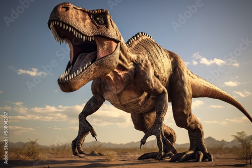 Dangerous Extinct Tyrant: 3D Illustration of a Giant Tyrannosaurus Rex from the Cretaceous Era Attacking with Bite and Claw. Generative AI © AIGen