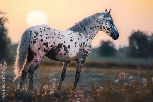 Beauty of Nature: An AI-Generated Equestrian at Sunset - Brown and White Fast Horse in Field: Generative AI