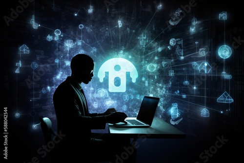 Businessman and technology cybersecurity network silhouette