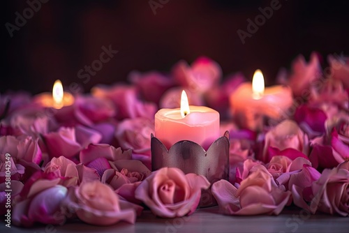 Romantic Valentine's Day Decoration with Pink Roses, Burning Candle in Heart Shape, Copy Space: Generative AI