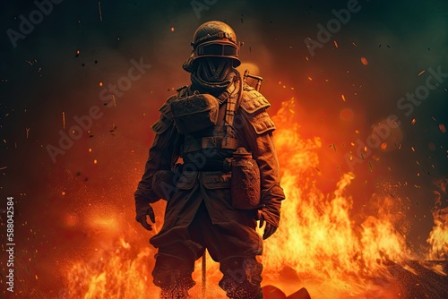 The Warrior's Last Stand: Soldier Character at Epic War with Explosion, Fire, Helmet, Weaponry. Generative AI