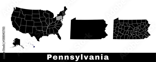 Pennsylvania state map, USA. Set of Pennsylvania maps with outline border, counties and US states map. Black and white color. photo