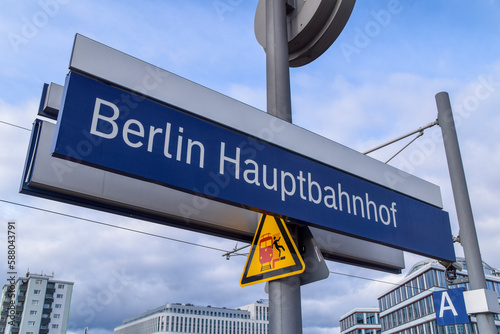 Berlin, Germany - MAR 26, 2023:  Day before the traffic strike.
Train at Berlin main railway station Hauptbahnhof Hbf in Germany.