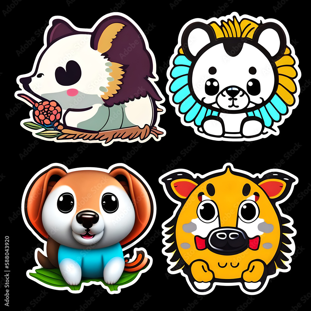 Cute animal sticker dog mouse pig bear with outlined isolated to print. Generative AI. Cute animal sticker dog mouse pig bear with outlined isolated to print. Generative AI.