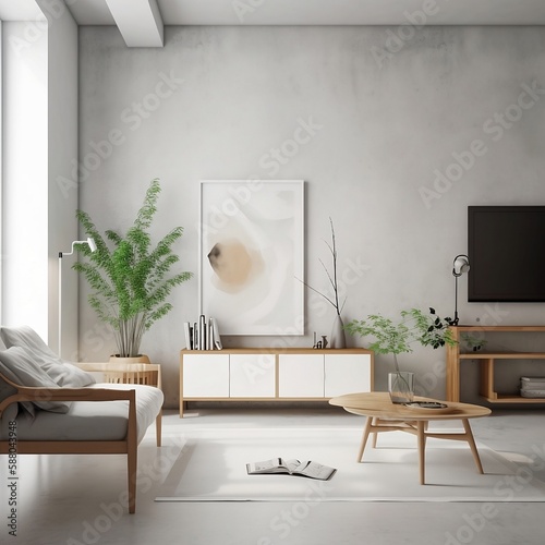 Minimal Nordic style livingroom space with modern concrete wall interior and big empty blank mockup frame on the wall inerior architect IA Generative photo