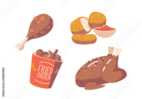 Chicken Meals Isolated Icons. Roasted, Grilled, Fried Chicken Wings, Legs, Nuggets. Curry And Stir Fry Delicious Options