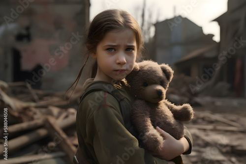 A girl with a children's toy teddy bear stands in the middle of a house damaged by war or an earthquake, Generative AI