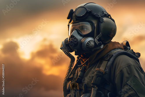 Military pilot on the background of the orange sky, war in Ukraine, Generative AI 1