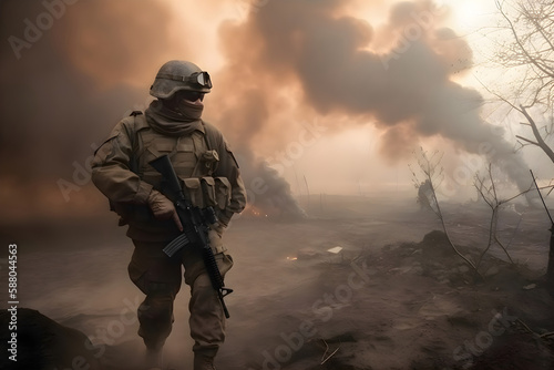 Soldier on the battlefield against the background of fire and smoke, war in Ukraine, Generative AI