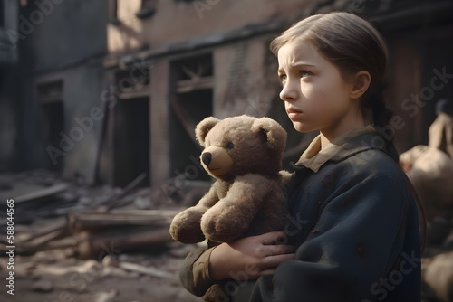 A girl with a children's toy teddy bear stands in the middle of a house damaged by war or an earthquake, Generative AI 2