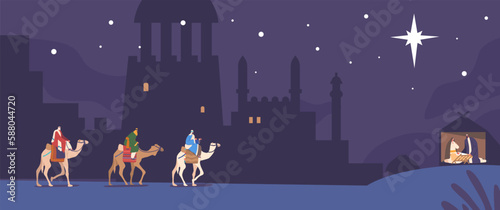 Magi Riding Camels Follow A Star Through The Night To The Baby Jesus Biblical Scene Captures The Story Of Three Wise Men