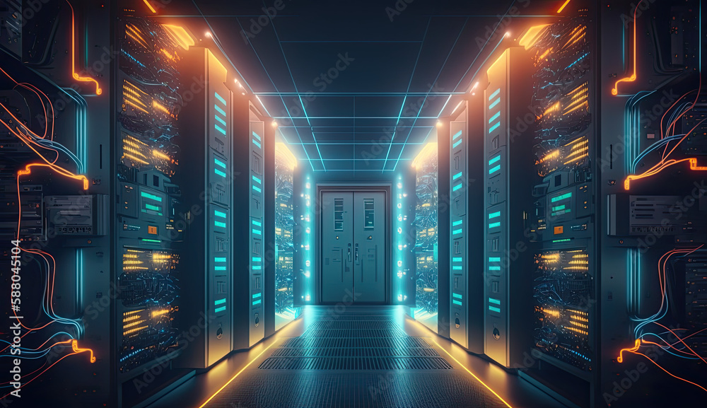 Rack Housing for Data Storage Hardware and Network Cables in a High-Tech Data Center with Bright Lights Created Using Generative Ai