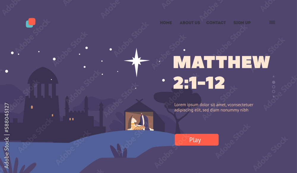 Jesus Noel Landing Page Template. Joseph And Mary Cradle Baby Jesus In A Stable Biblical Scene. Birth Of Christ
