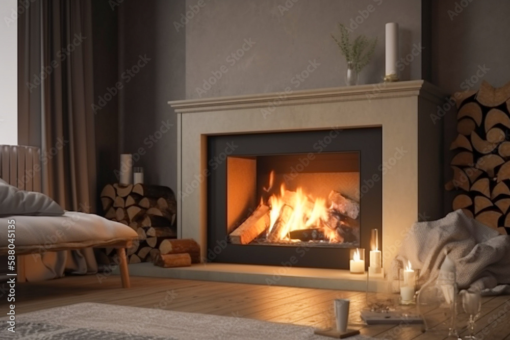 Modern interior design of the living room with fireplace. Super photo realistic background, generative ai illustration
