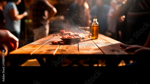 wooden table with people in background for product presentation and advertising