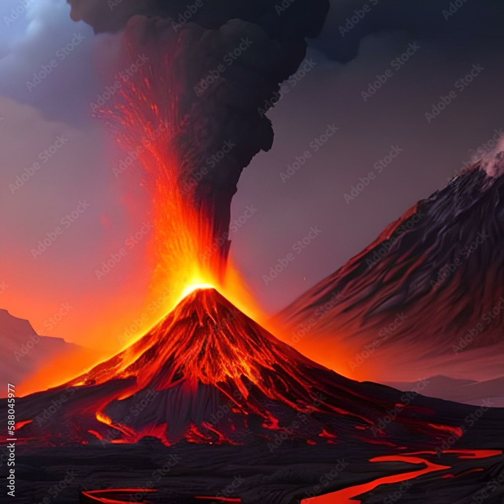 painting of Night landscape with volcano and burning lava. Volcano eruption, fantasy landscape