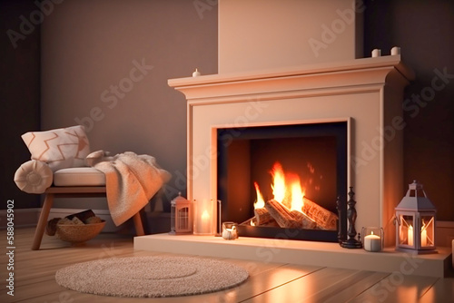 Modern interior design of the living room with fireplace. Super photo realistic background, generative ai illustration © Anna