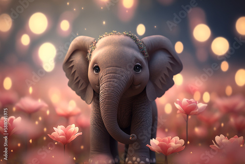 Rosy Delight: A Cute Little Elephant in a Field of Blooming Roses