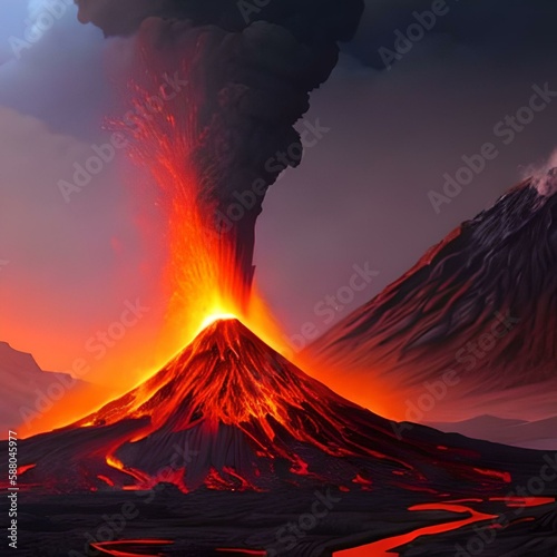 painting of Night landscape with volcano and burning lava. Volcano eruption, fantasy landscape