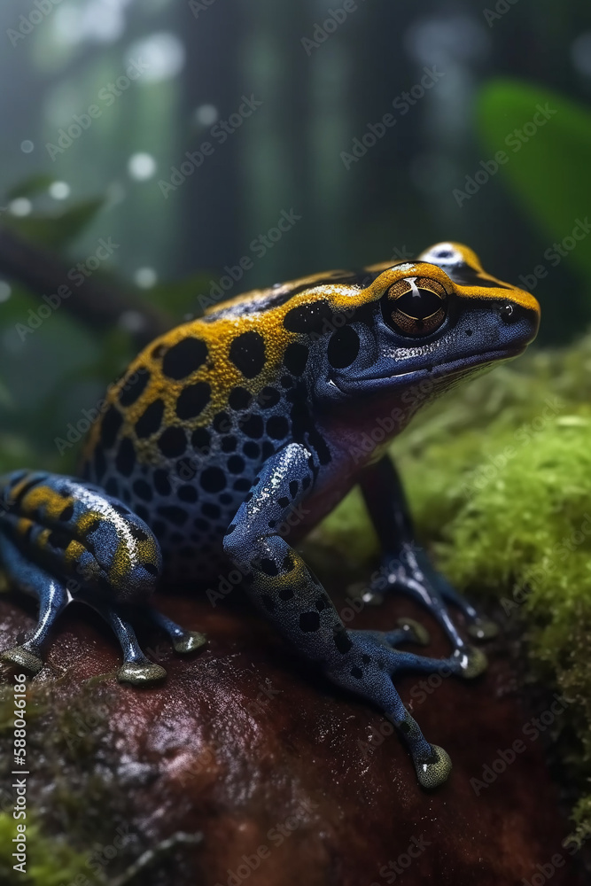 Obraz premium Frog with large dramatic eyes sits on a tree trunk with mossy bark, and lush foliage, the leaves are covered with raindrops. a beautiful natural environment surrounded by jungle. Generative AI