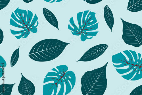 Beautiful exotic floral seamless pattern with blue monstera deliciosa leaves on light background.