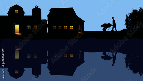 A produce farmer is seen silhouetted on his farm working late to bring you food for your table in an illustration about farming and farm to fork farming.