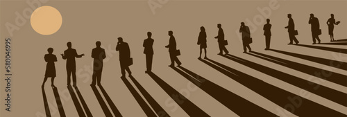 A line of business people, men and women, are seen on a hillside as they follow their female leader, boss, CEO.