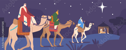 Vászonkép Magi Characters On Camels Travel By Night To Visit Baby Jesus Biblical Scene