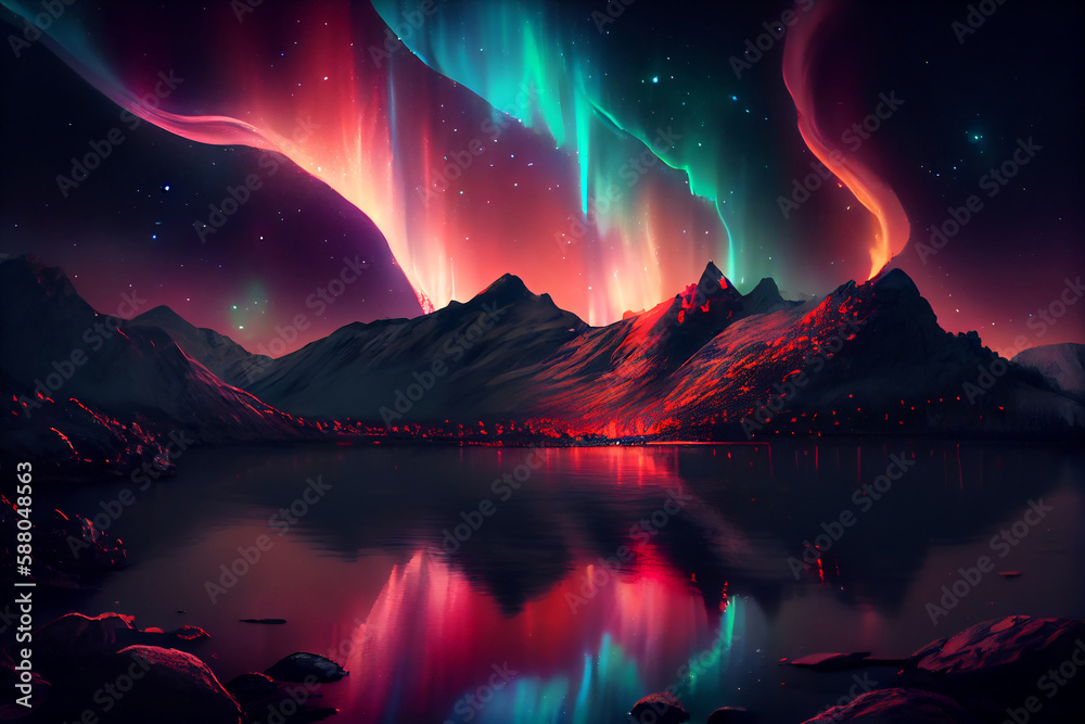 Colorful northern light aurora, borealis with red and green flames over the sky