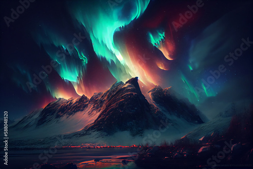 Colorful northern light aurora, borealis with red and green flames over the sky