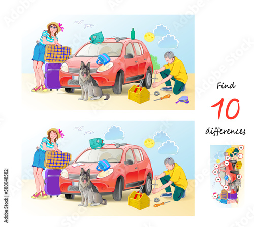 Find 10 differences. Illustration of family going to vacation. Logic puzzle game for children and adults. Page for kids brain teaser book. Developing counting skills. Vector drawing.