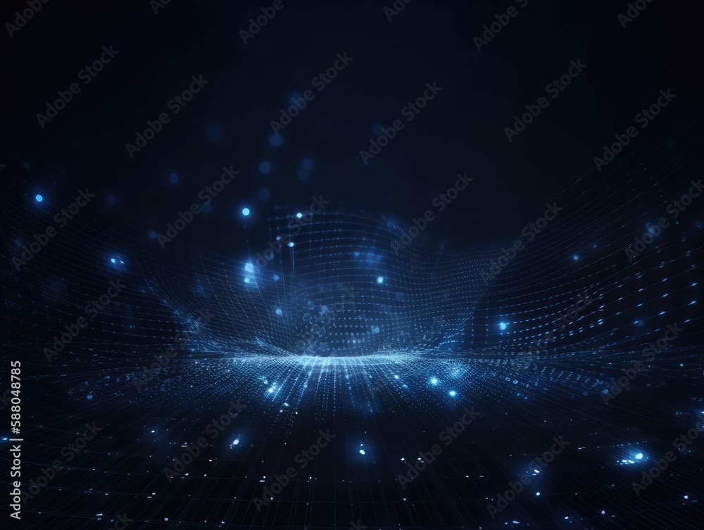 Blue particles wave background. Abstract dynamic mesh. Big data technology. Generative AI Blue particles wave background. Abstract dynamic mesh. Big data technology. Generative AI