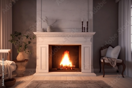 Modern interior design of the living room with fireplace. Super photo realistic background  generative ai illustration