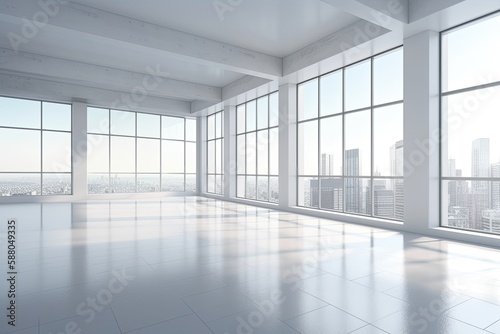 Illustration of an empty room with large windows offering a stunning view of a vibrant cityscape. Generative AI