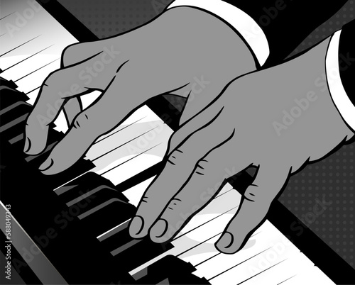 Male hands play piano keys. Man pianist. The composer performs classical music. Black and white vector illustration. Retro pop art. Hand drawn style