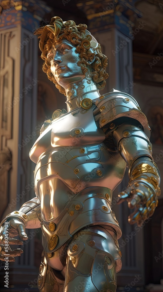 Obraz premium Une sculpture de guerrier mecha robot grec stoïque avec des touches de marbre et d'or