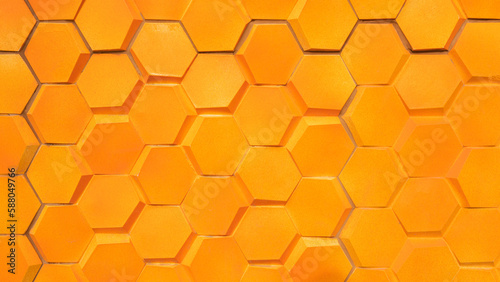 Hexagon cement block wall background with orange colorful well material free space backdrop