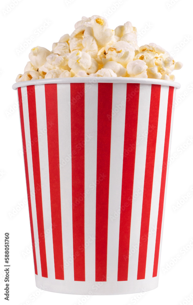 Popcorn in a striped bucket isolated on a transparent background. Popcorn in a striped bucket isolated on a transparent background.