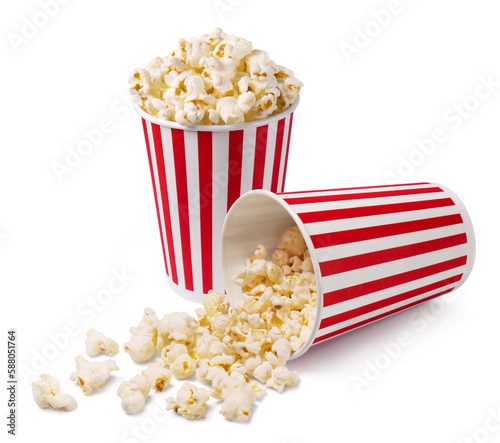 Two striped buckets of popcorn isolated on a white background.