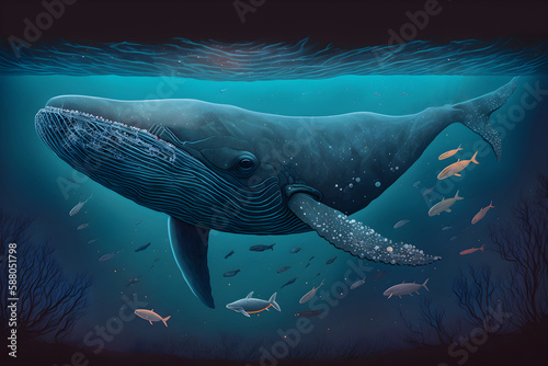 Whale in water with fish. Hand drawn illustration. A ready illustration for a book. A fairy tale character © Canvas Alchemy
