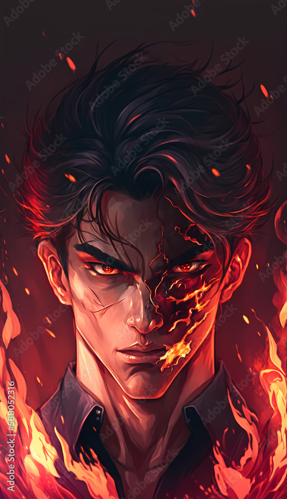 a man in black shirt with sharp eyes, seems to be in the middle of the flames and his face looks like it's starting to melt, manhwa style drawing a man in black shirt with sharp eyes, seems to be in the middle of the flames and his face looks like it's starting to melt, manhwa style drawing